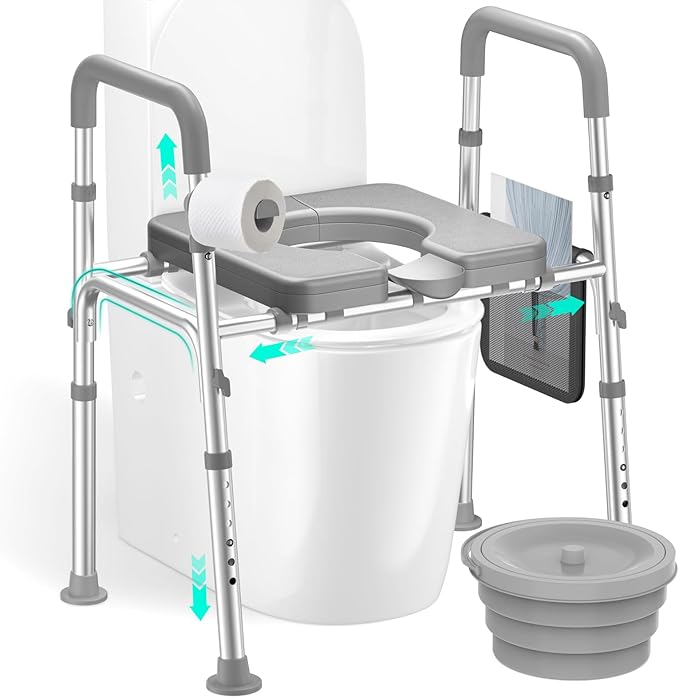 HOMEAL Raised Toilet Seat with Handles, Heavy-Duty 3in1 Bedside Commode Chair with Bucket for Seniors, Supports 450LBS, Adjustable Toilet Seat Riser with Arms for Bathroom Assistance