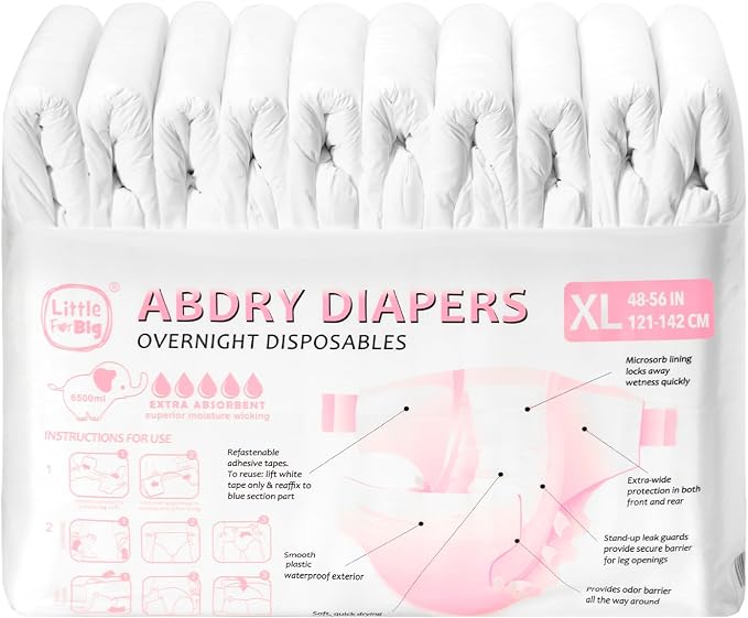 Littleforbig Adjustable Tapes Adult Diaper 10 Pieces - ABDry Ultra Absorbent Diapers 6500 mL White (X-Large 48"-56")