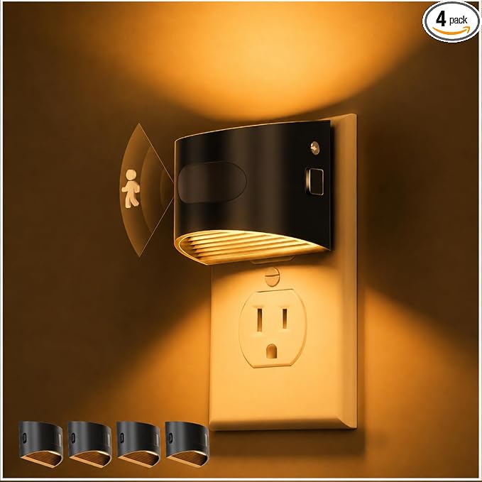 L LOHAS LED Motion Sensor Night Light, Night Lights Plug into Wall, 2 Pack | Nightlight with Dusk to Dawn & Motion Detection Sensor, 30-100Lm Adjustable Brightness, 1600K Amber Light, Black Housing