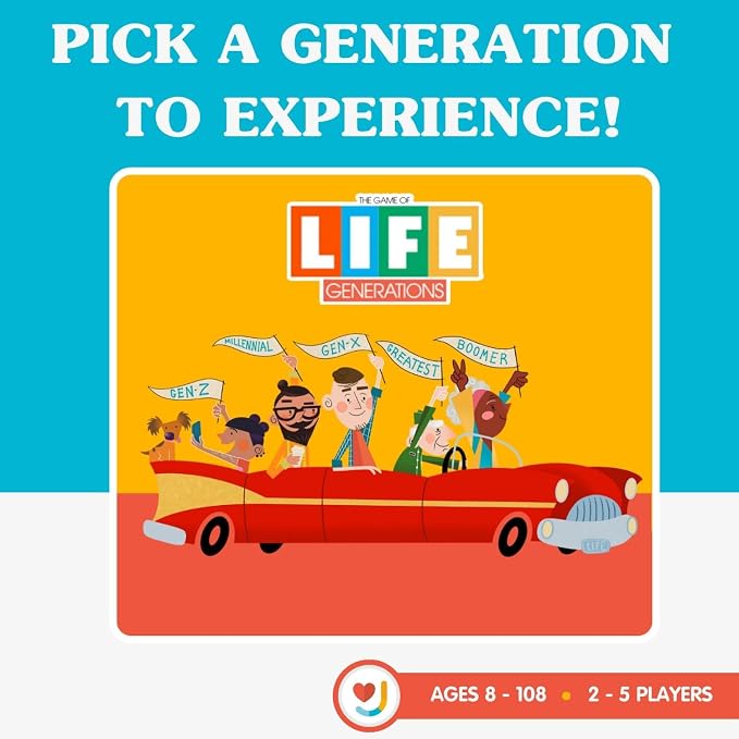 Joy for All Games - The Game of Life Generations - Generational Spaces - Bigger Easy-To-Read Action Cards - Friends & Family Game, Fun Multigenerational Board Game For Seniors, Kids, Teens, and Adults