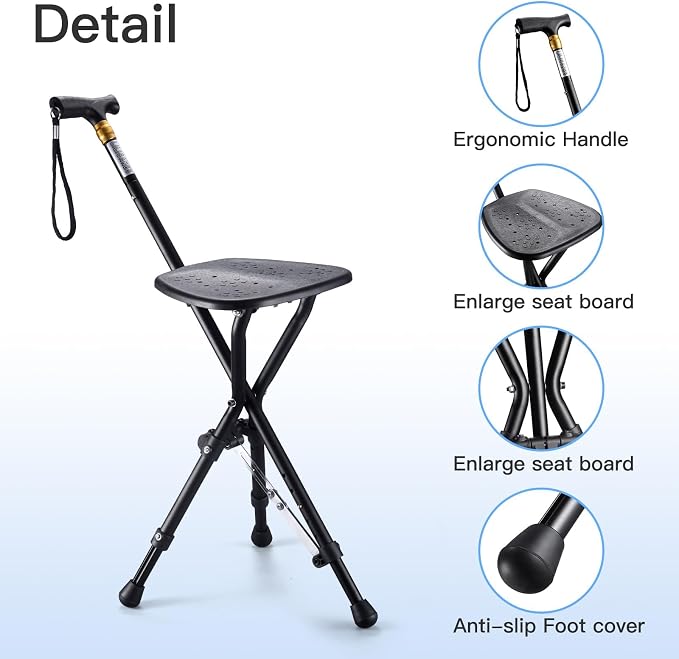 Anti-Slip Walking Cane with Seat Folding Lightweight,Walking Stick Height Adjustment,Portable and Sturdy Cane Chair for Travel Outdoor Use, Queuing, Elderly Women and Men