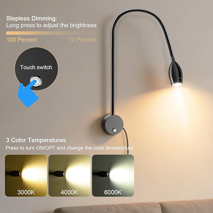 ERAY LED Wall Mounted Reading Light, Bedside Reading Lights for Bed with Touch Control, 3 Dimmable, 360°Flexible Gooseneck Headboard Book Reading Lamp Wall Sconce, 3000k-6000k-1 Pack