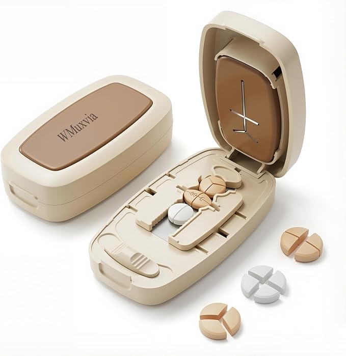 Adjustable Slot Pill Cutter - Fits Small/Large Pills, Vitamins, Oval/Long Tablets | 1/2, 1/3, 1/4 Even Splitting, Dual Fixing Clips, Multi-Pill Cutting, Precision Split, Hidden Sharp Blade
