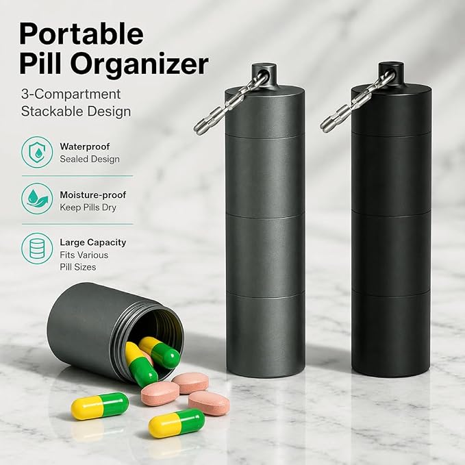Portable Keychain Pill Case Holder, EFFIET 3 Compartments Metal Pocket Emergency Pill Container Box for Daily Supplyment (Black+Matt Finished)