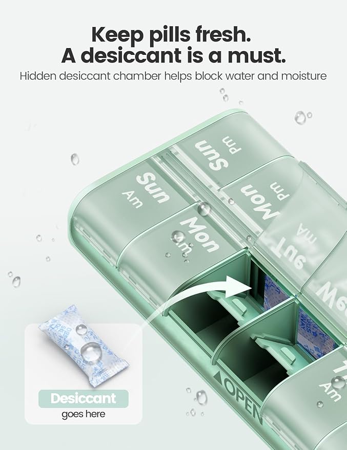 AM PM Pill Organizer 7 Day, 2 Times a Day Weekly Pill Box with Moisture-Proof Desiccant, Compact Easy-Open Medicine Case for Vitamins, Supplement