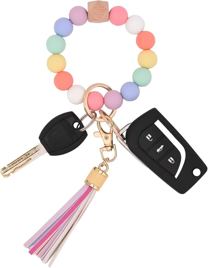 BAOSIWA Silicone Beaded Bracelet Keychain Wristlet Key Ring Bangle Chains for Women with Leather Tassel