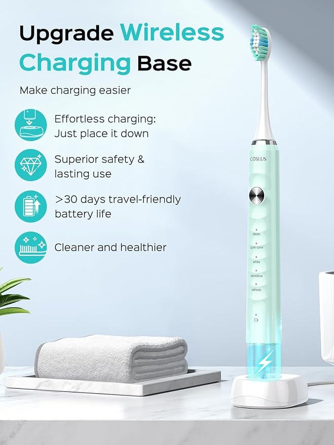 COSLUS Sonic Electric Toothbrush for Kids & Adults: 47000 VPM for Deep Cleaning & Whitening with Travel Case - 5 Modes for Sensitive Teeth & Braces, Wireless Charging, 6 Brush Heads, Green (1PC)