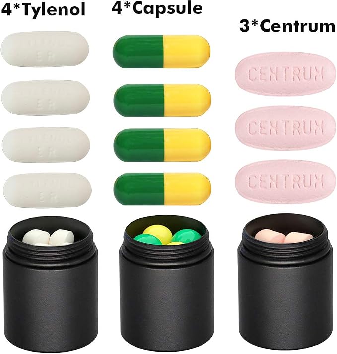 Portable Keychain Pill Holder Case, EFFIET 3 Compartments Metal Pocket Emergency Pill Container Dispenser Box Outdoor Medicine Bottle Tin for Daily Supplyment (Black)