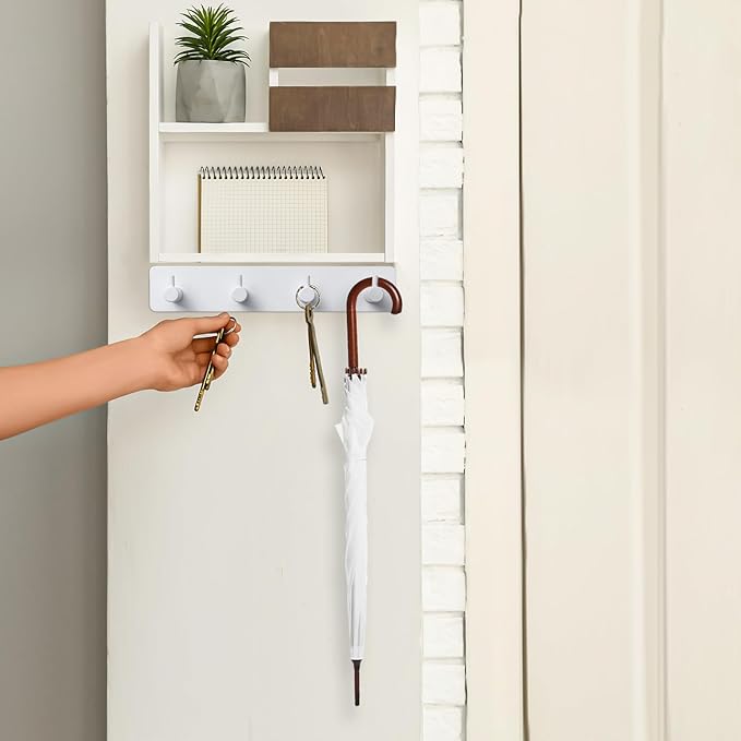 Key Holder with 4 Hooks,Adhesive Key Hanger Organizer for Wall Mount | Metal Key Rack with 2 Self-Adhesive Tapes for Entryway, Door, Bathroom, Kitchen(White)