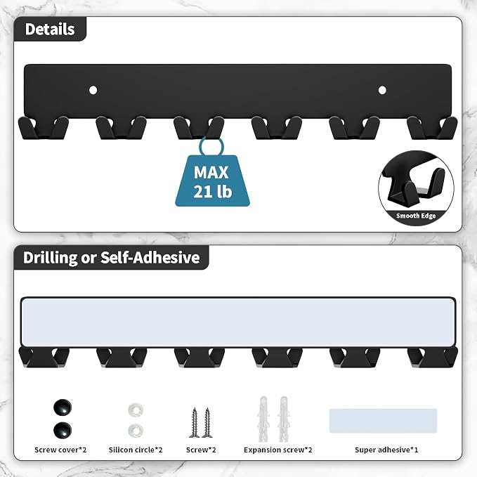 GTK Key Holder for Wall, Key Hooks with 12 Hooks, Wall Mounted Key Holder for Hallway, Self Adhesive Key Rack(Black)