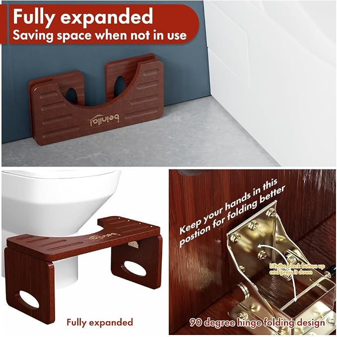 7 Inches Foldable Toilet Stool Squat Adult (Brown) | Poop Stool for Bathroom, Bamboo Squatting Potty for Adults with Anti-Slip Strip