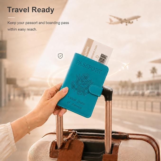Passport Holder with Air-Tag Slot RFID Blocking Leather Travel Wallet | Multiple Card Compartments, SIM Card Access, Compact Carry Design, Flight Ready Essentials for Men & Women, Blue