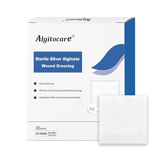 Ag Silver Calcium Alginate Wound Dressing - 2"x2"(Pack of 10), Non-Stick Sterile Gauze Pads for Accelerating Wound Healing, High Absorbency and Soft for Wound Care Supplies
