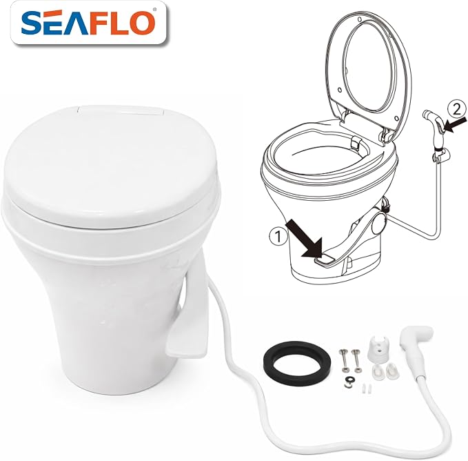 SEAFLO RV Toilet with Sprayer Attachment - White, 18.4” Residential Height, Gravity Flush Foot Pedal Camper Toilet Soft Close Seat Elongated Bowl Motorhome, 4-Year Warranty, SFRTPH-01-02