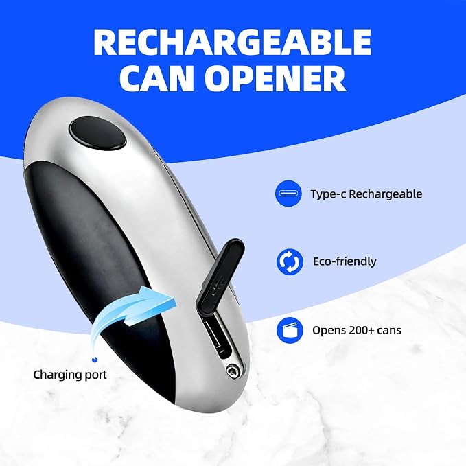 Kitchen Rechargeable Electric Can Opener, One-Touch Opening, Smooth Rim, USB-C Fast Charge, Senior Friendly, Silver, Hands-Free Design, Easy to Grip and Fits Most Cans