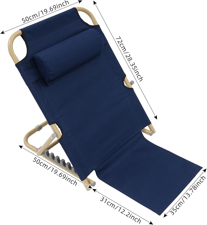 PERFERATE Bed Backrest Support Portable Bed Chair 7 Gears Adjustable Lifting Beds Backrest Folding Reading Chair with Pillow for Elderly Back Neck Lumbar Support, Beach Comfy Travel (Deep Blue)