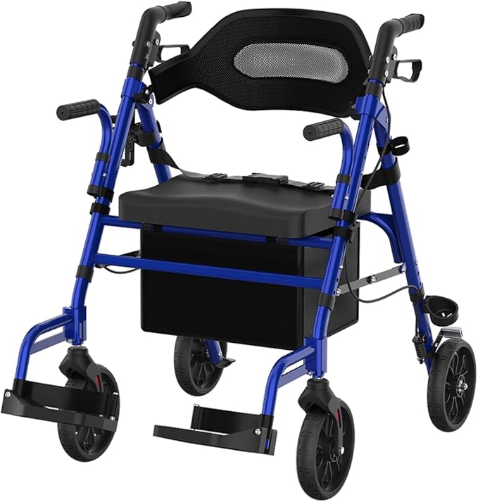 Walkers for Seniors with Seat, 2 in 1 Rollator Walker & Transport Chair with Reversible Backrest & Detachable Footrests, Folding Wheelchair with 8" Anti-Slip PU Wheels, Blue