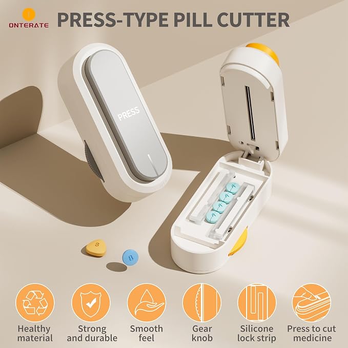 ONTERATE Pill Cutter Splitter for Small & Large Pills, Adjustable Pill Splitter with Safety Guard Hidden Sharp Stainless Steel Blade, Portable Tablets Cutter Cutting Tablets in Half at a Time (Grey)