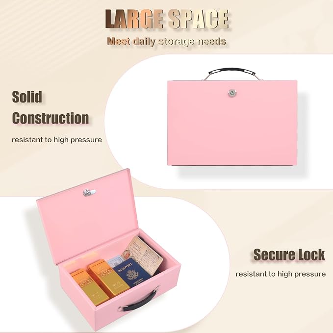 xydled Fireproof Document Box with Key Lock, Fire Safe Box, Pink | Fire and water resistant lock box for documents, passports, cash and valuables, keeping secure at home, 12.8 x 8.5 x 4.5 Inch