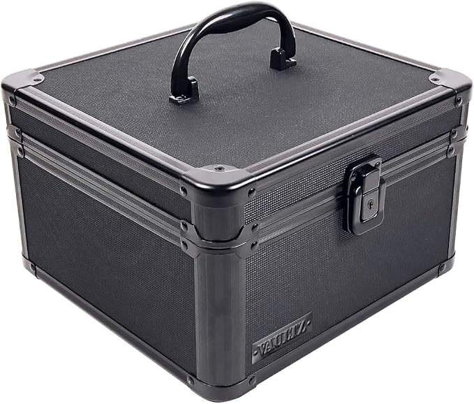 Vaultz Portable Safe Box - 10 x 10 x 6.5 Inch Large Storage Box with Lock, Mesh Pocket & Adjustable Compartments for Cash, Documents and Valuables - Tactical Black