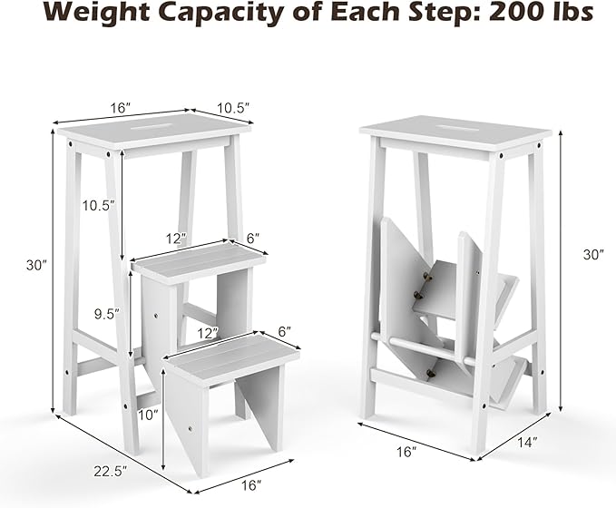 Costzon Folding 3 Step Stool, 3 in 1 Wooden Step Ladder with Handle, Non-Slip Pedal, Multifunctional Storage Shelf, Flower Rack for Kitchen, Library, Garage, Foldable Step Stool for Adults Kids