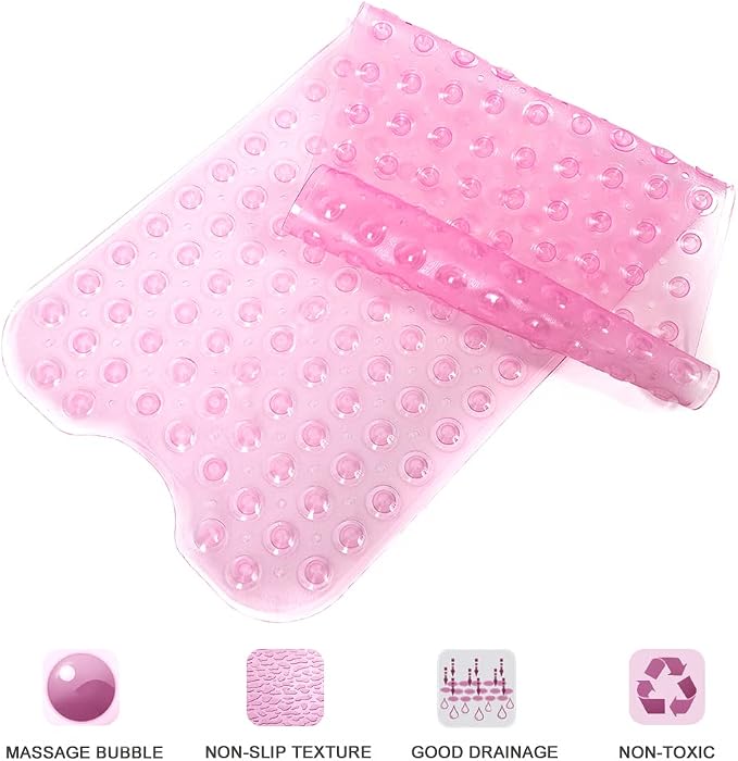 Bathtub and Shower Mats, Extra Long Non-Slip Bath Tub Mat 39 x 16 Inch, Machine Washable Bathmat with Suction Cups & Drain Holes for Bathroom Floor, Clear Pink