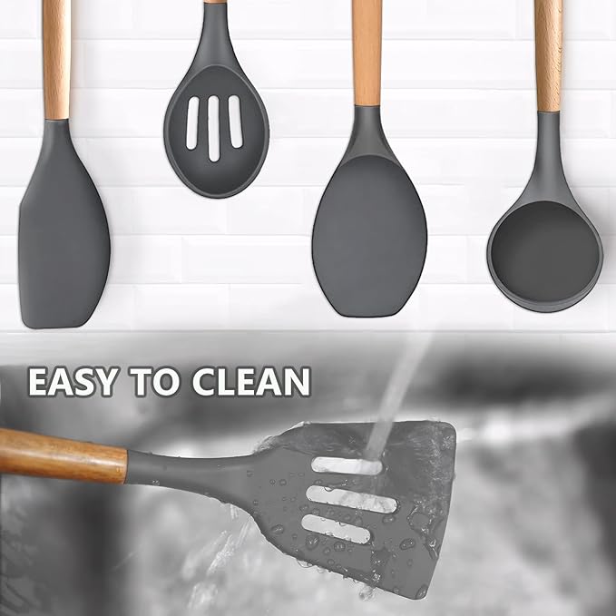 Silicone Cooking Utensils Set 5-Piece Non-Stick Kitchen Utensil Set, Wood Handle Heat Resistant Spatula Spoon Turner Soup Ladle Silicone Cooking Kitchen Gadgets BPA Free for Nonstick Cookware