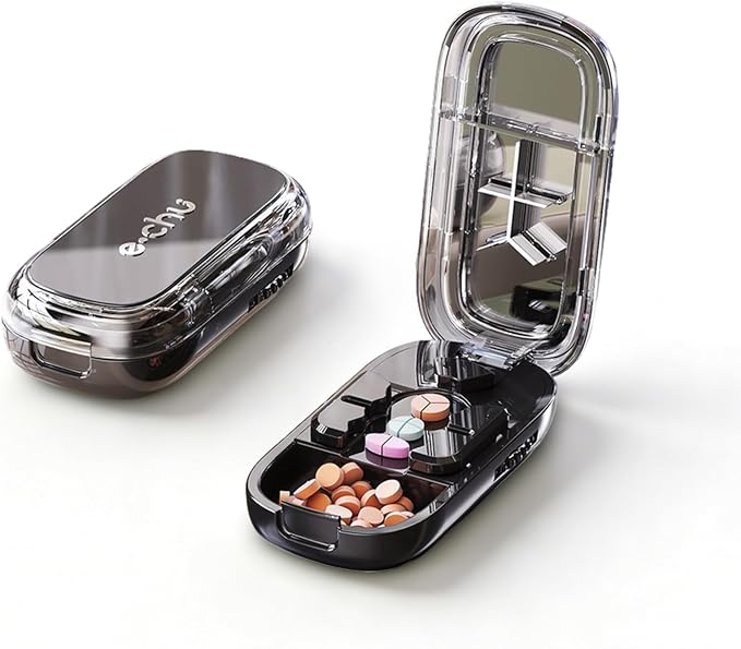 Pill Cutter Splitter for Small and Tiny Large Pills,Adjustable Pill Splitter Push-Button Cuts into 1/2, 1/3, 1/4，Comes with a Small Brush and a Medicine Storage Box (Black, 1/2, 1/3, 1/4 Slices)