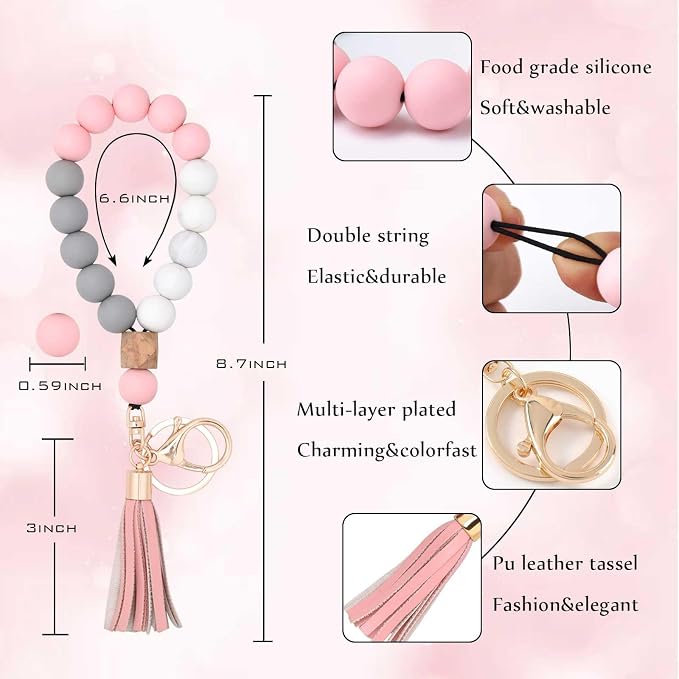 BAOSIWA Silicone Key Ring Bracelet Wristlet Keychain Unique Beaded Bangle Key Chains for Women with Leather Tassel