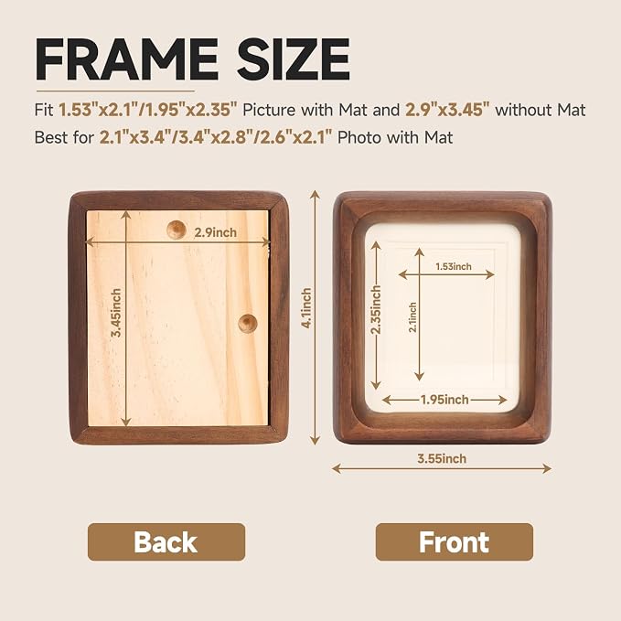 Solid Walnut Picture Frame for Instax Mini & Polaroid Go, Small Wood Photo Frame with Decorative Joinery Corners, Tabletop Display (Walnut, For 2.1x3.4/3.4x2.8/2.6x2.1 Photo)