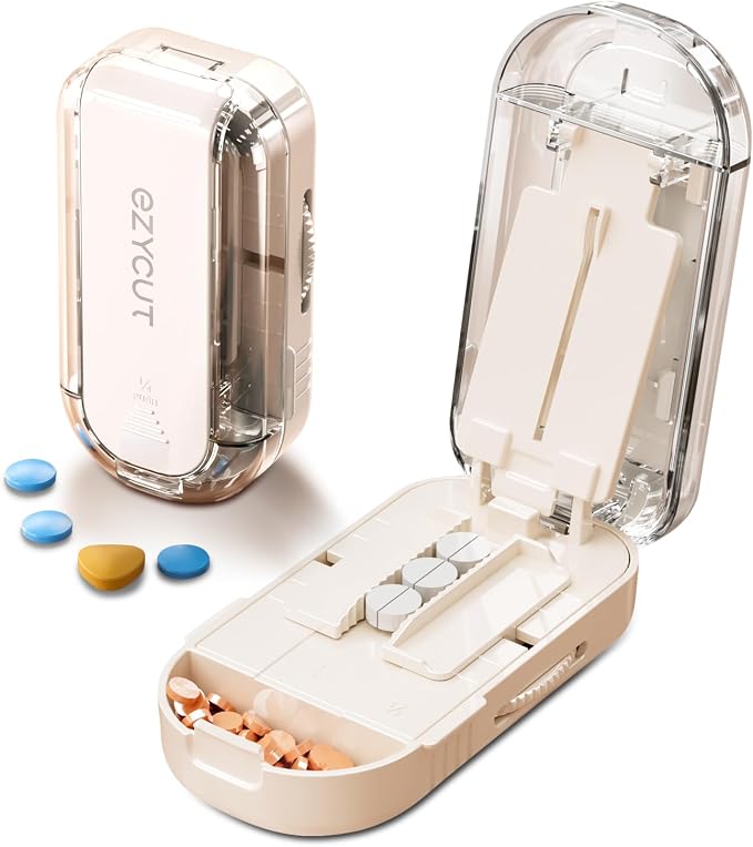 Multi-Pill Cutter with Replaceable Blades & Safety Guard – Precision Splitter for Small to Large Tablets. (Beige)