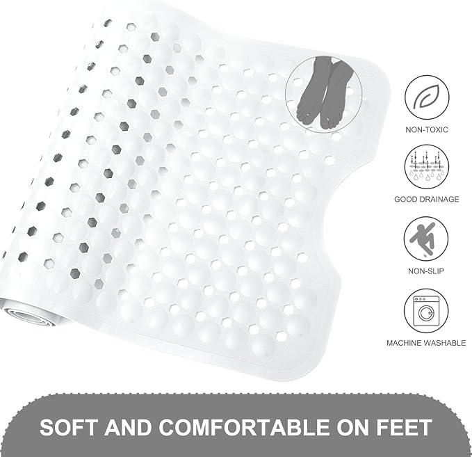 TEESHLY Bath Tub and Shower Mats, Non Slip 40 x 16 Inch Extra Large Bathtub Mat, Machine Washable Bathmat with Drain Holes, Suction Cups for Bathroom Floor, White