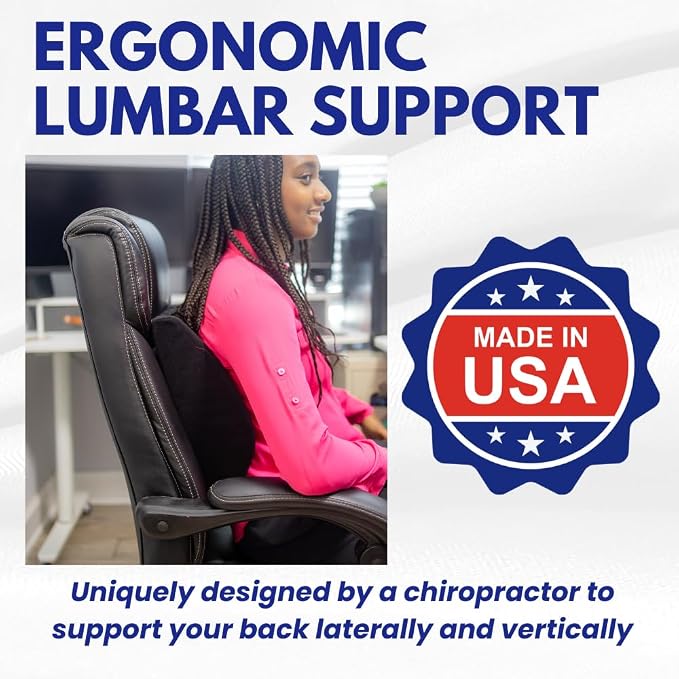 Orthopedic Back Cushion - Chiropractor-Designed Lumbar Support Pillow for Office Chair, Car, Home - High Resilience Foam, Ergonomic Design - Relieves Back Pain, Improves Posture - Black