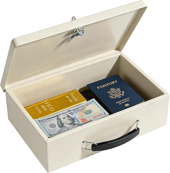 KYODOLED Fireproof Document Box with Key Lock, Small Safe Box for Valuables, Fire and Water Resistance, Fireproof Lock Box for Passport, Cash, Tablet, Exterior 12.6'' x 8.3'' x 3.58'' Beige