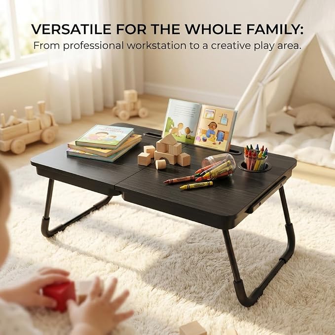 BUYIFY 23.4" Foldable Lap Desk Bed Table with Cup Holder Tray Black | Portable Folds Flat for Easy Storage, No Assembly Laptop Bed Desk, Sturdy and Lightweight, Patent Design