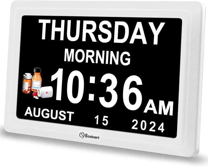 Soobest Dementia Digital Clock for Seniors Elderly, 20 Alarm Reminders 3 Ringtones for Memory Loss Alzheimers, Electric Time Date Day Large Display Calendar Clock, Auto DST, 1024 * 600P HD