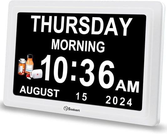 Soobest Dementia Digital Clock for Seniors Elderly, 20 Alarm Reminders 3 Ringtones for Memory Loss Alzheimers, Electric Time Date Day Large Display Calendar Clock, Auto DST, 1024 * 600P HD