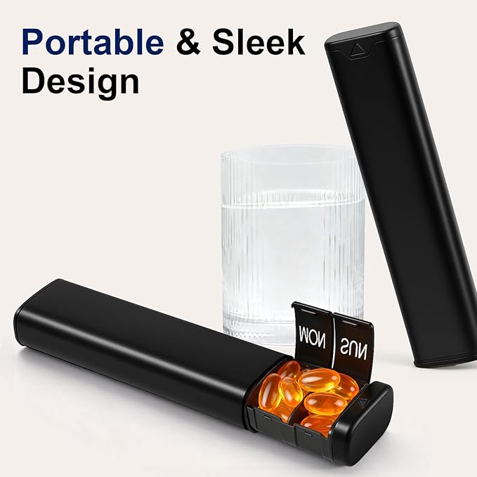 Large Weekly Pill Organizer, Travel Safe 7-Day Pill Organizer 1 Time a Day, Portable Secure Medicine Vitamin Holder Dispenser for Fish Oil, Supplements, Lightproof | Sleek Slim Design | On-The-Go