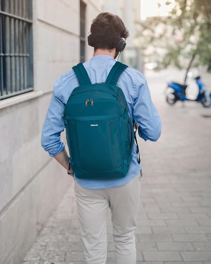 ECOHUB 17'' Small Travel Backpack, United Airlines Personal Item Bag 16.9"x10"x7.5" Carry on Backpack with USB Port Luggage Sleeve Travel Essentials for Men Women Water Resistant, Teal