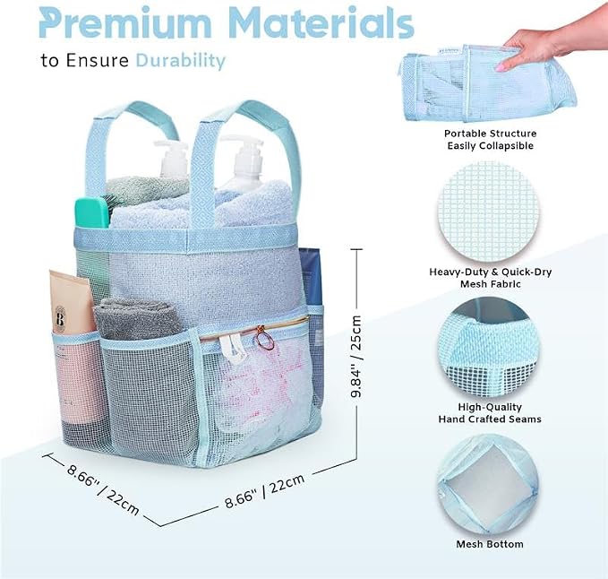 DV Lifestyle Mesh Shower Caddy Dorm, 7 Pockets & 1 with Zipper, Shower Tote with Padded Handles, Travel Portable, Shower Caddy College Room Essentials, Bathroom Shower Bag (Blue)