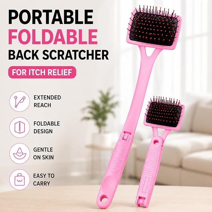 Back Scratcher Extendable Pink Folding Handle for Men Women | Long reach folding handle with soft bristles for back shoulders legs and everyday personal care use at home or travel