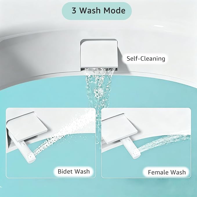 Bidet Toilet Seat Riser with Handle Round, Height 2.91inch | 3 Wash Mode Cold Water, Soft Close, Quick-Release, Urine Guard, Rubber Anti Slip Pad Adjustable, Top/Bottom Fixing, 16.5 inch