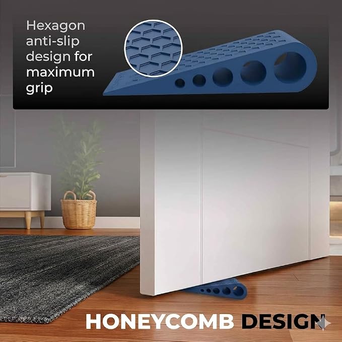 Door Stoppers for Bottom of Door Premium Floor Rubber Door Stop Wedge Made in USA Heavy Duty Honeycomb Design for Carpet, Tile, Ideal for Home, School, Commercial, Blue 2-Pack