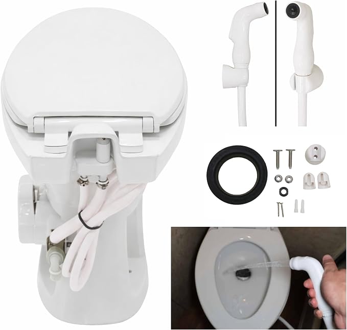 SEAFLO Porcelain RV Toilet with Sprayer Attachment - Elongated Bowl 19” Inch Residential Height, Gravity Flush, Foot Pedal Soft Close Seat Camper Motorhome Easy Install 4 -year Warranty SFRTCH-02-02