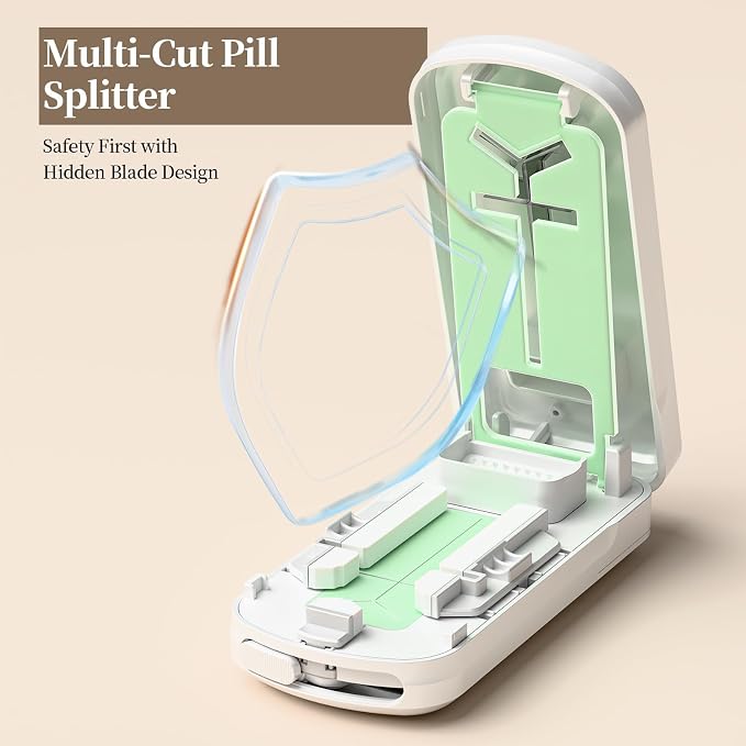 Daviky Pill Cutter Splitter for Small & Tiny Pills, Dual Safety Blades, Adjustable Centering Slot, Precise 1/2 1/3 1/4 Tablet Cutter, Built-in Storage, Portable & Senior-Friendly