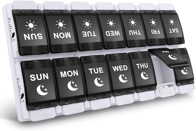 Pill Organizer 2 Times a Day Large Weekly Pills Case, Fullicon Pills Box Container Cases with Unique Push-Button Pop Open Design - Black