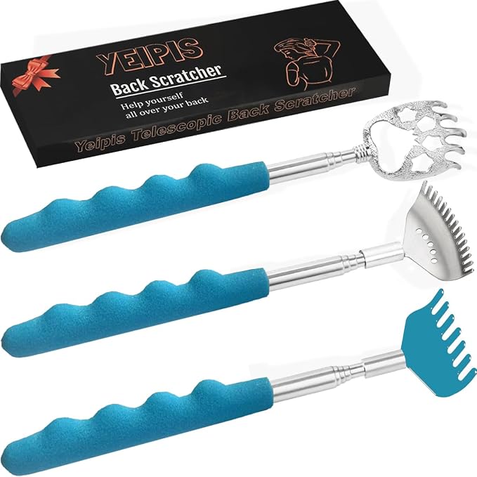 Yeipis 3 Pack Different Back Scratcher Metal Portable Telescoping Back scratchers, Extendable Back Massager Tool with Beautiful Box, Great Stocking Stuffers for Men Women Kids Adults（Blue）