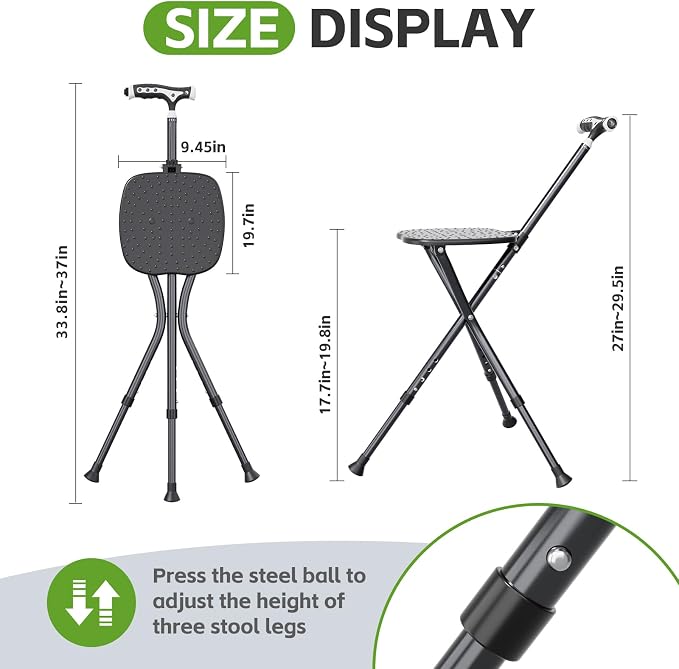 Alloy Folding Cane with Seat, Lightweight Adjustable Walking Cane with Seat, Cane Seat with LED for Seniors, Cane Chair for Woman/Man,Anti-Slip Walking Stick for Seniors
