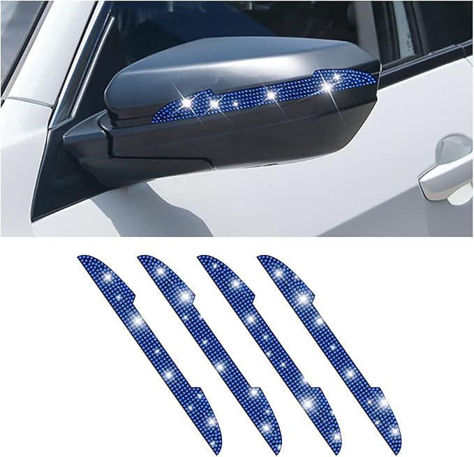 4PCS Bling Car Door Handle Scratch Protector, Blue | 5.75x0.39 Inch, Universal fit, side panels/mirror edges, stainless steel, rhinestones, adhesive backing, exterior accessories