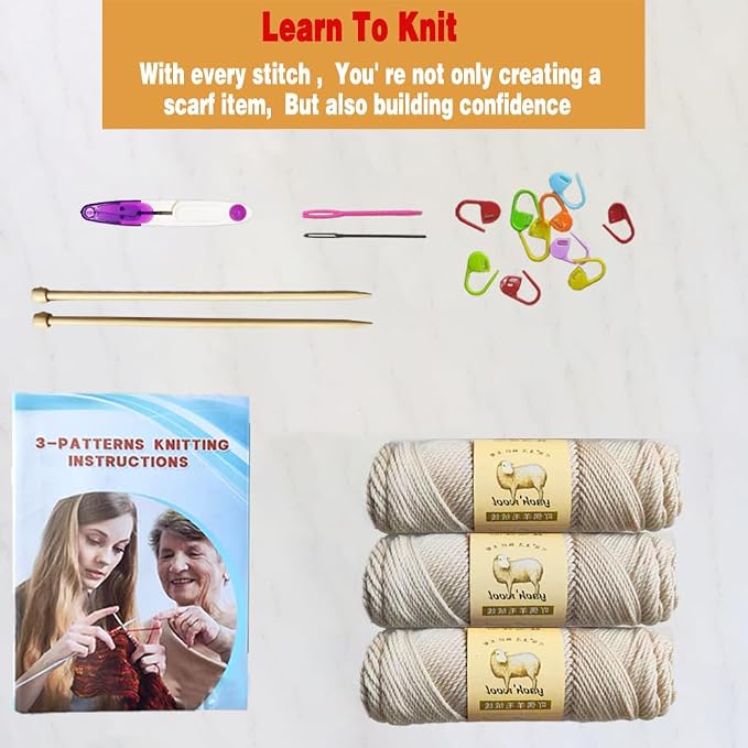 Kaaper Beginner Knitting Kit for Adults, Learn to Knit Crochet Starter Kit in Khaki with Scarves, Hats & Gloves Knitting Includes Wool Yarn, Knitting Needles, & Stitch Markers (Khaki)